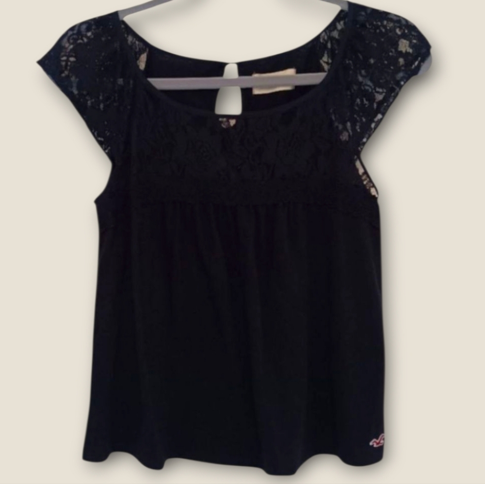 Hollister Women's Small Floral Lace Short Sleeve Top Navy Blue Y2K Vintage